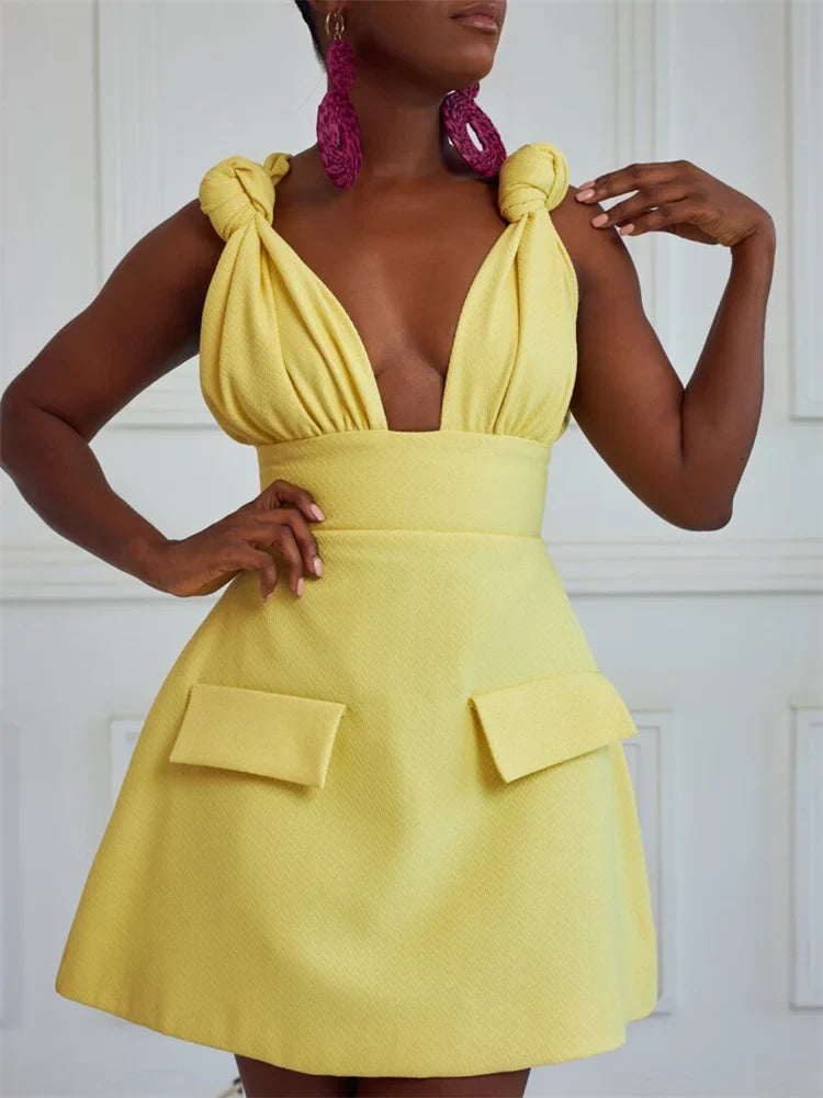 Women V Neck Solid Sleeveless Knot Mini Dress