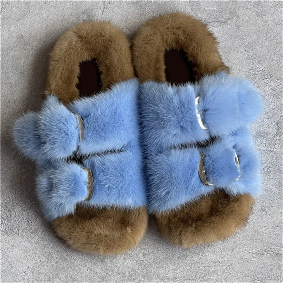 Mink Fur Flat Round Head Slippers