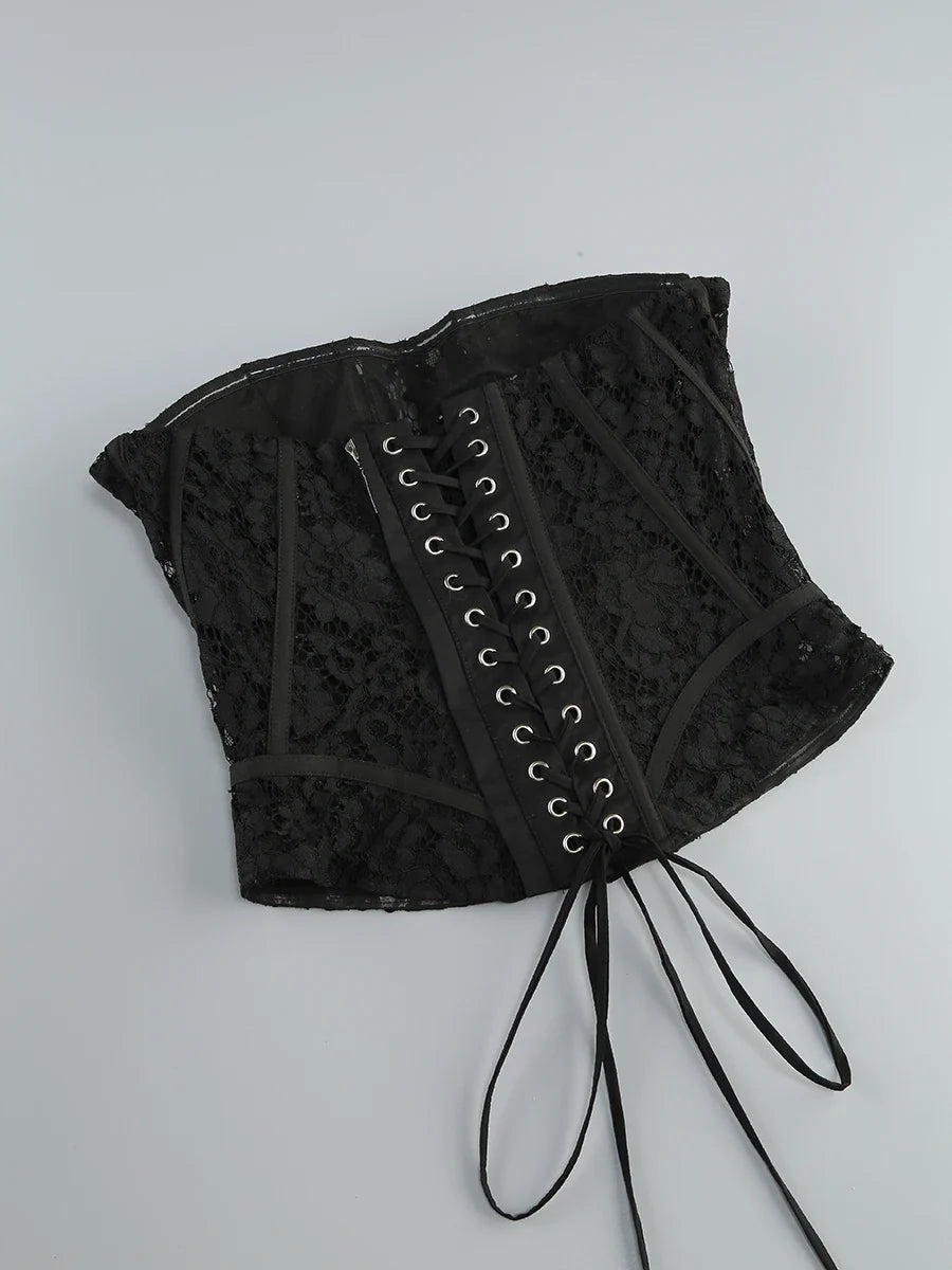 Lace Corset Patchwork Skirt And Gloves Set