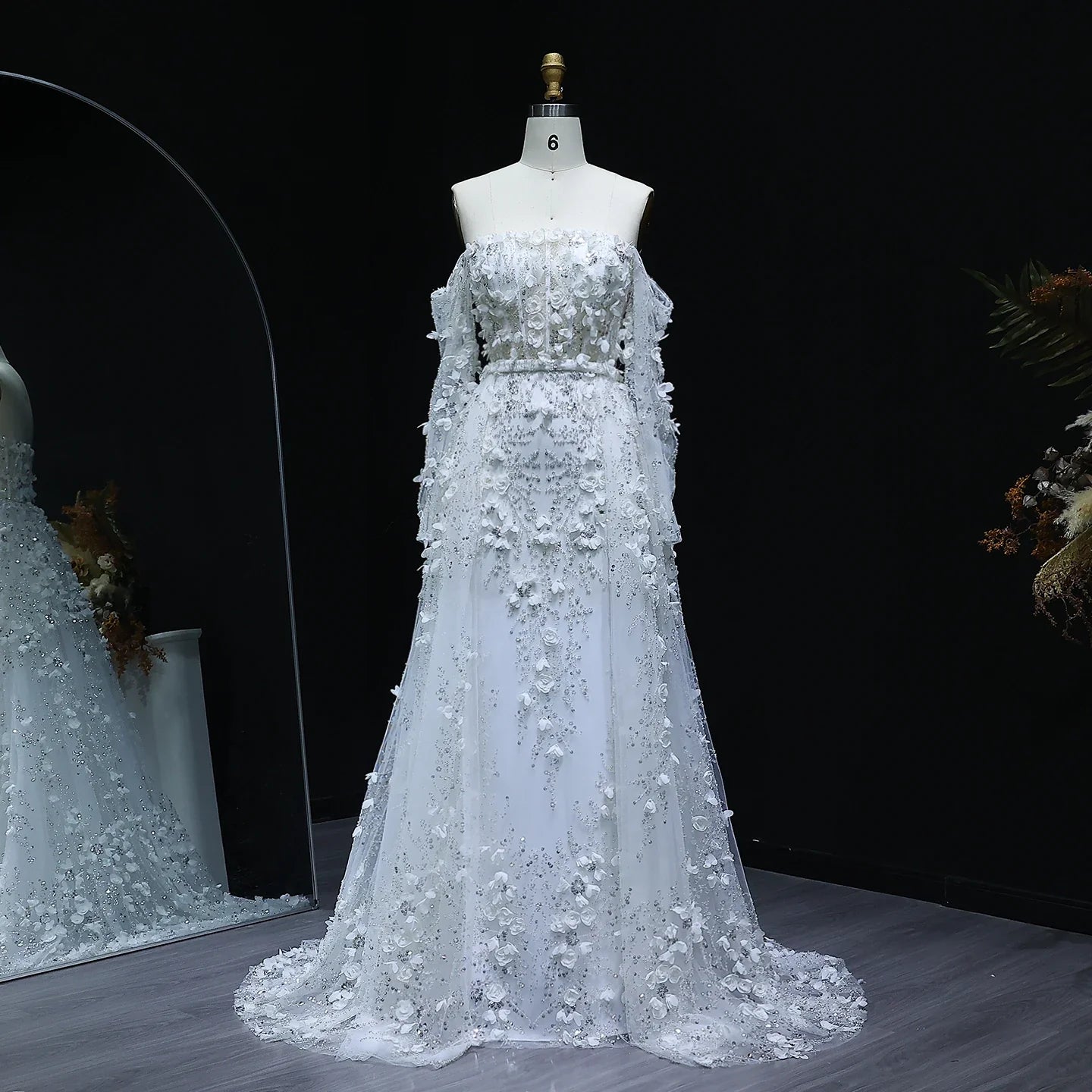 3D Flowers Evening Dress with Overskirt Long Sleeves
