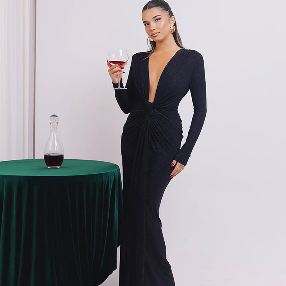 Elastic Deep V-Fold Lace Maxi Dress