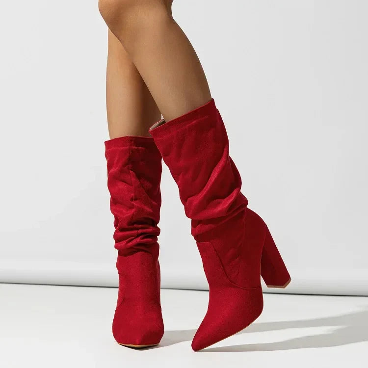 Pleated Square High Heels Ankle Boots