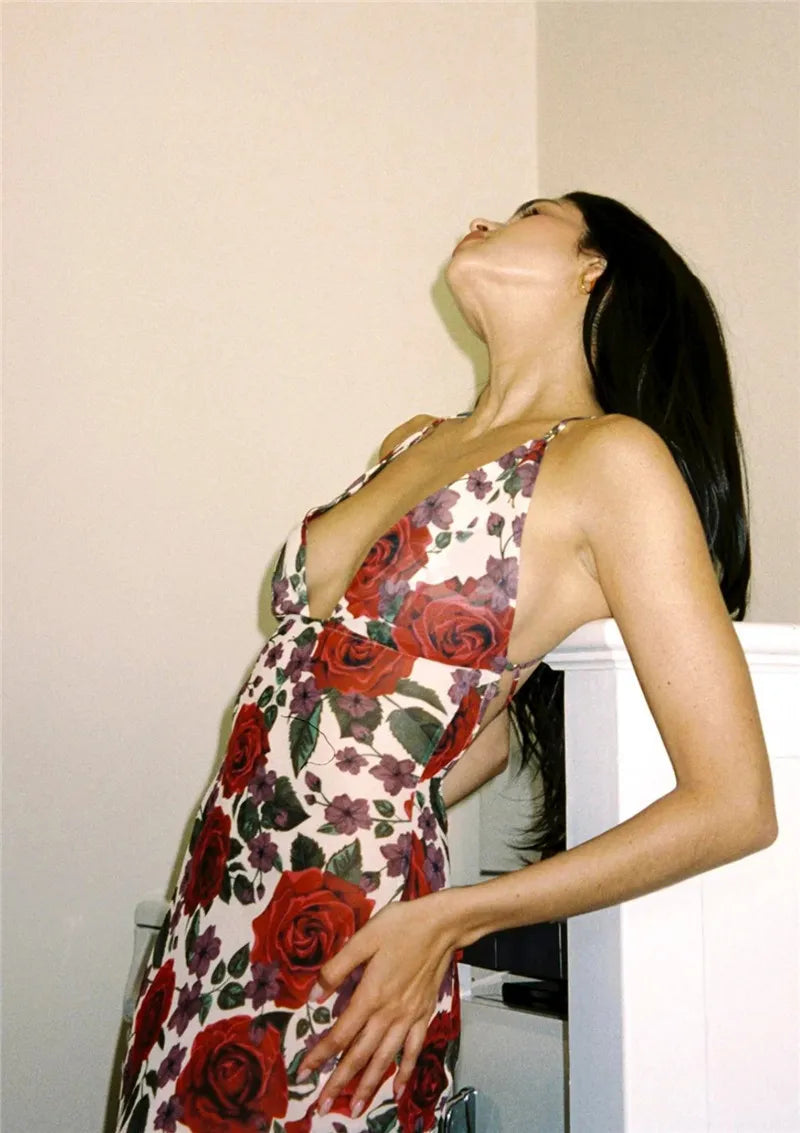 Red Floral Maxi Dress with Cowl Neck & Tie Back