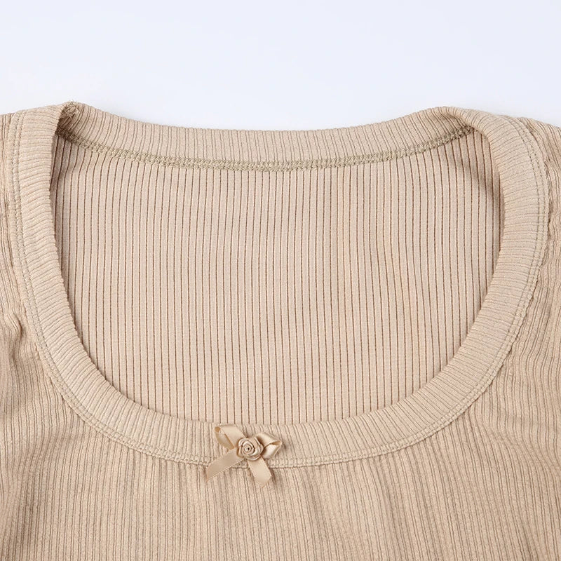 Basic Square Neck Bow Crop Knit Top