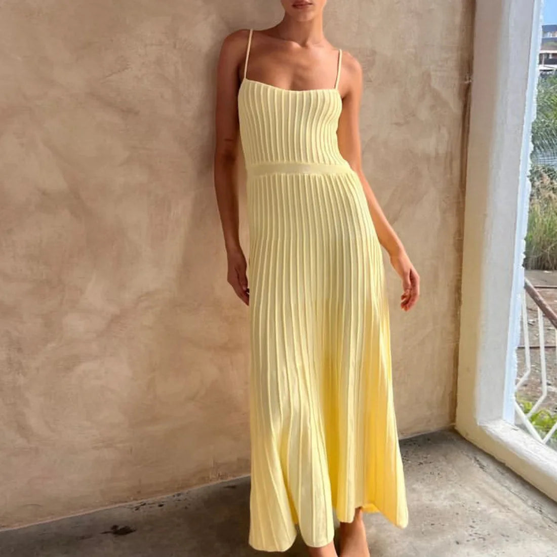 Solid Open Back Ribbed Stretch Knit Midi Dress