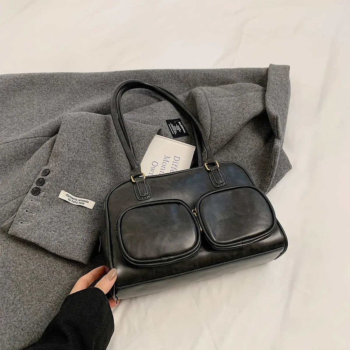 Faux Leather Double Pockets Underarm Bags