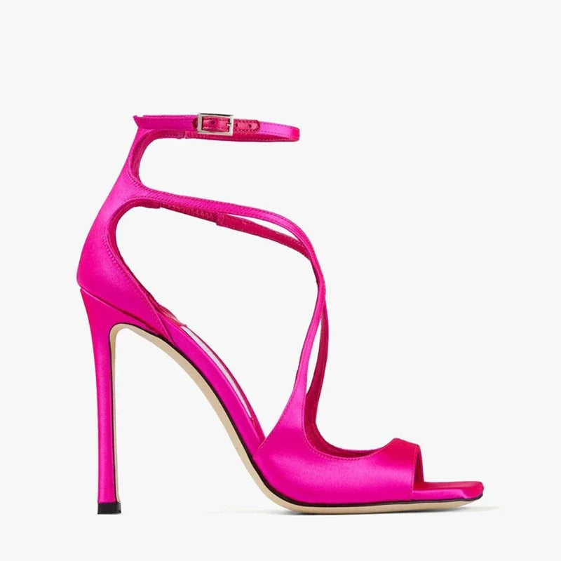 Open Toe Cross Button Elastic Belt Thin High Heel Fish Mouth Sandals