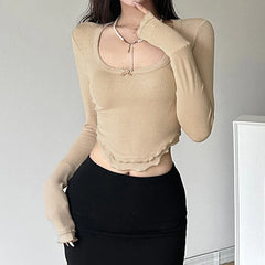 Basic Square Neck Bow Crop Knit Top