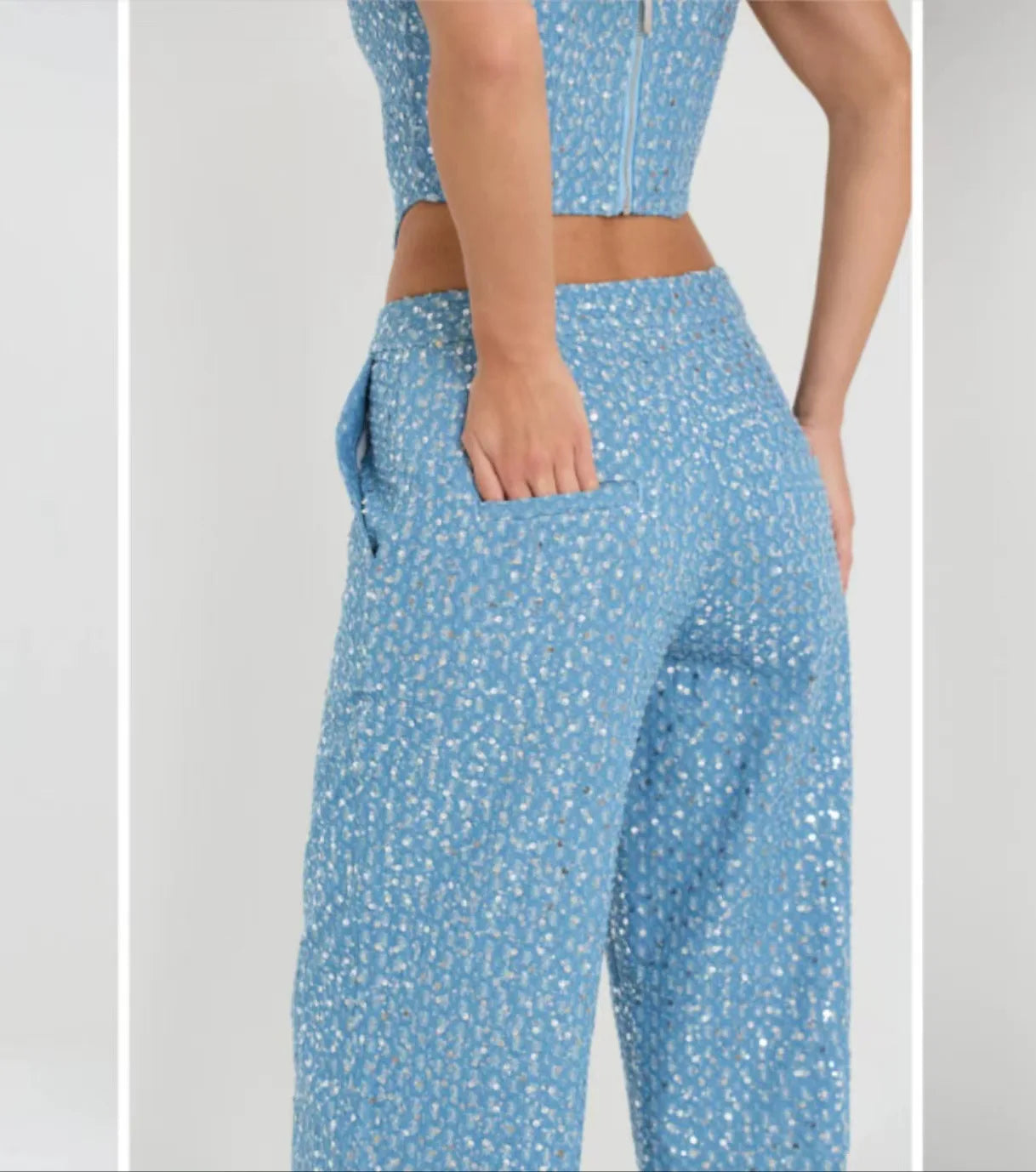 Sequins Strapless Short Skirt Denim Pants and Corset Set