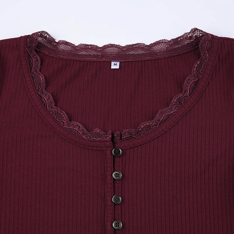 Basic Lace Patched Slim Buttons Long Sleeve Top