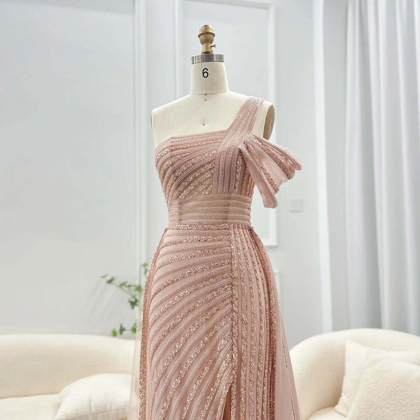 Sage Green One-Shoulder Evening Gown with Overskirt