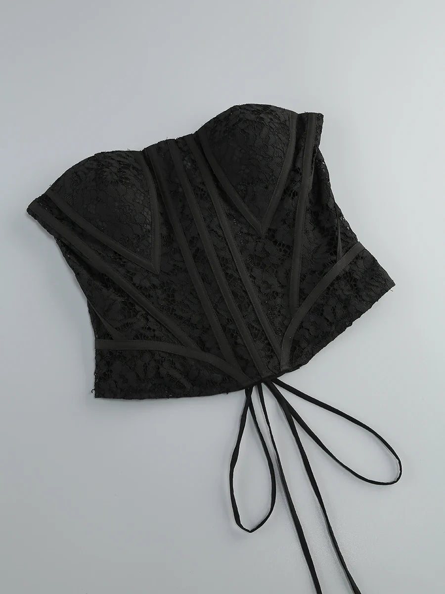 Lace Corset Patchwork Skirt And Gloves Set