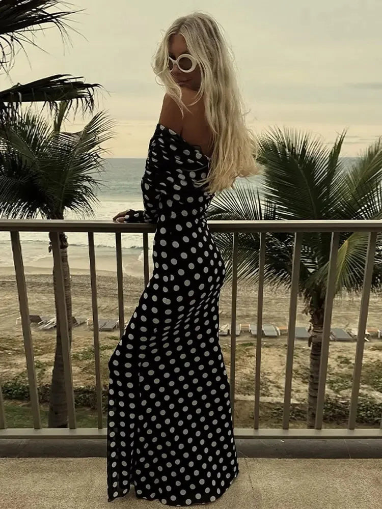 Polka Dots Off Shoulder Long Sleeves Maxi Dress