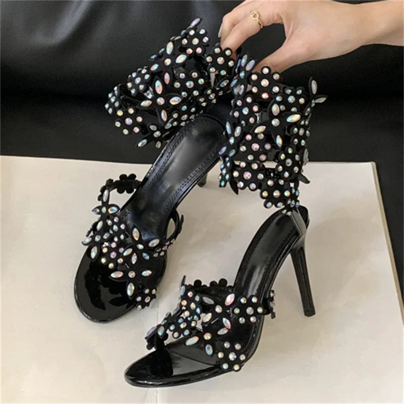 Flower Crystal Rhinestone Ankle Strap Banquet Shoes