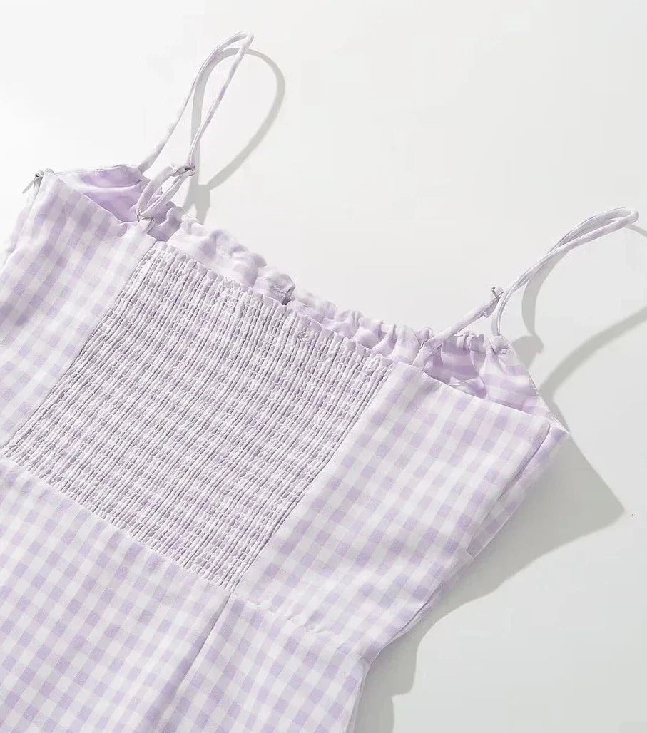 Spaghetti Strap Tie Up Plaid Pink Midi Dress