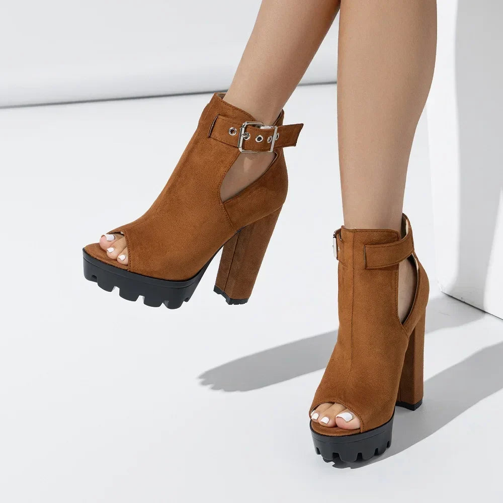 Buckle Strap Platform Square High Heel Shoes