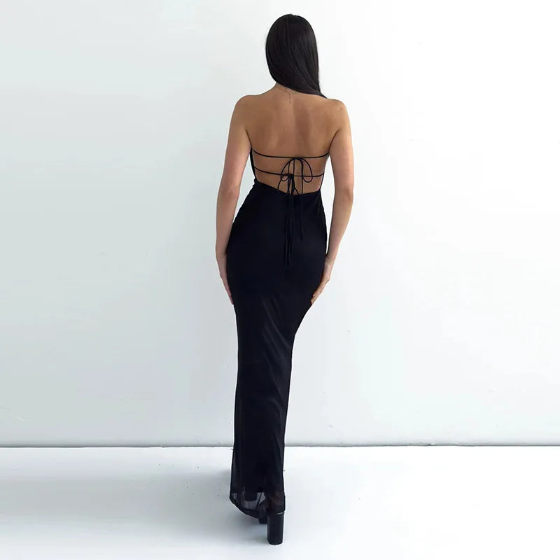 Black Tube Flower Print Back Tie Up Maxi Dress