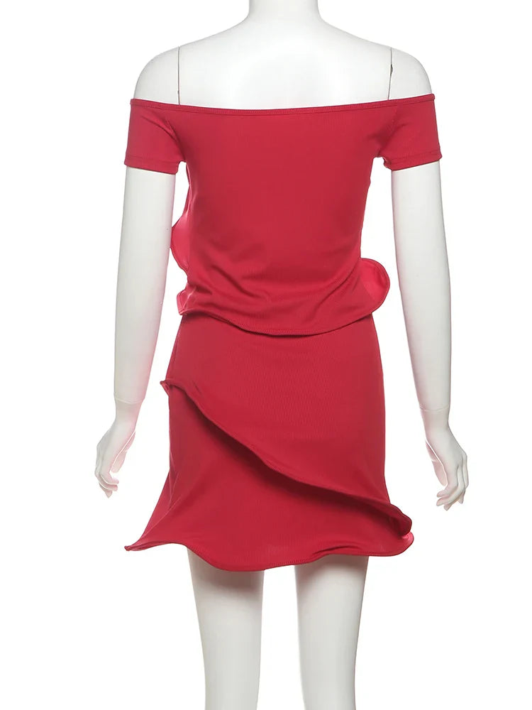 Off Shoulder Split Crop Top and Trim Mini Skirts