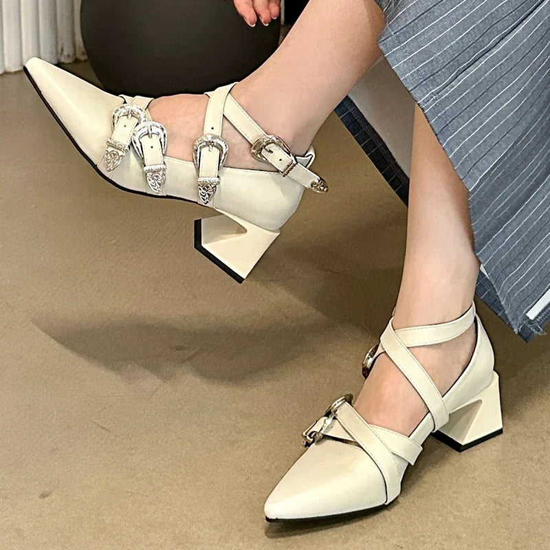 Ankle Buckle Pumps Pointed Toe Square Heels Shoes