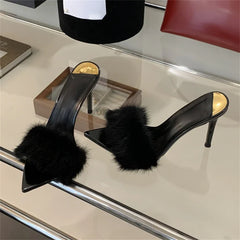 Faux Fur Open Toe Thin High Heels Sandals
