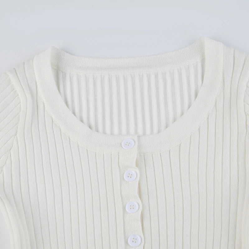 Basic White Buttons Long Sleeves Knitted Top