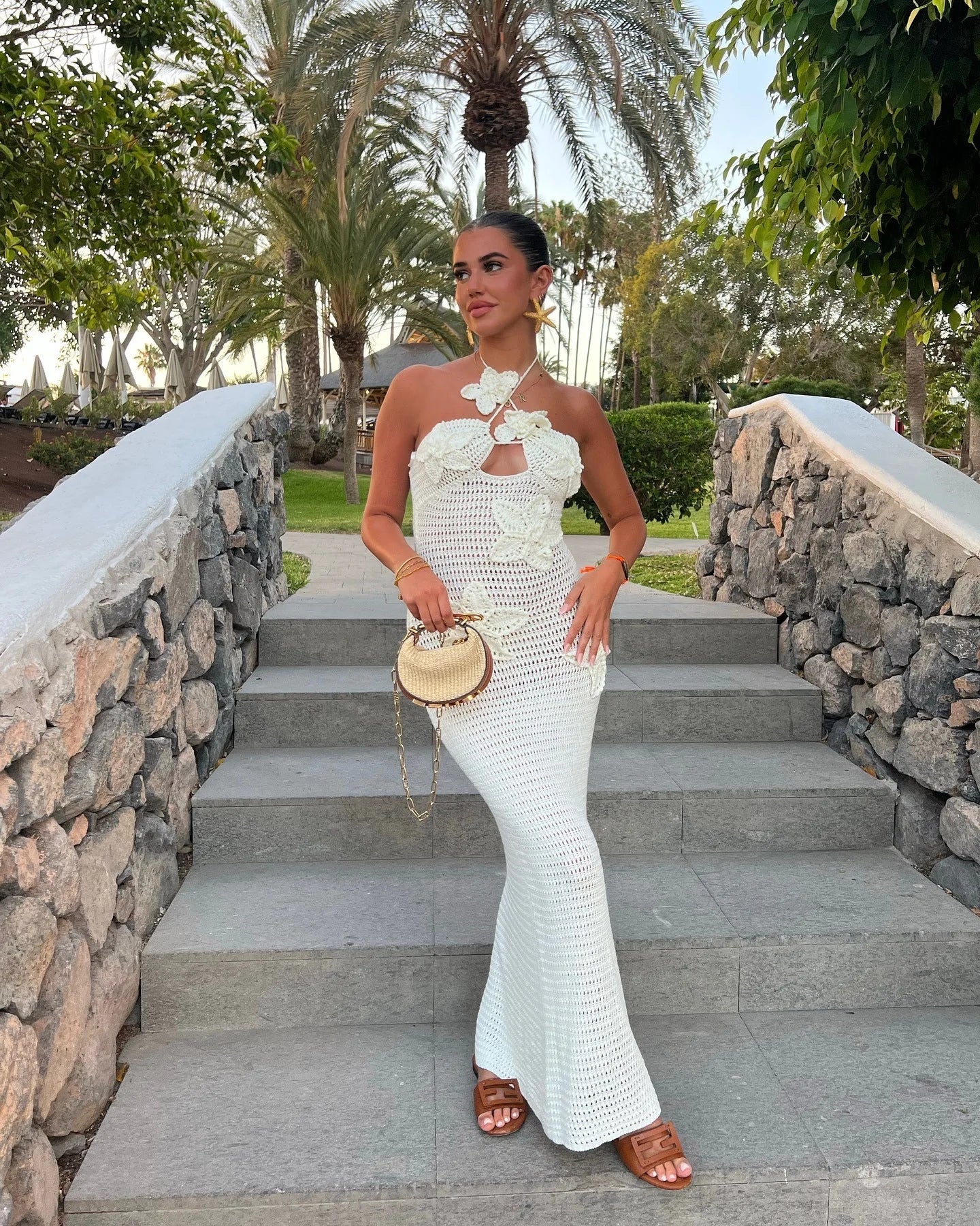 Knit Crochet Flower Applique Halter Maxi Dress