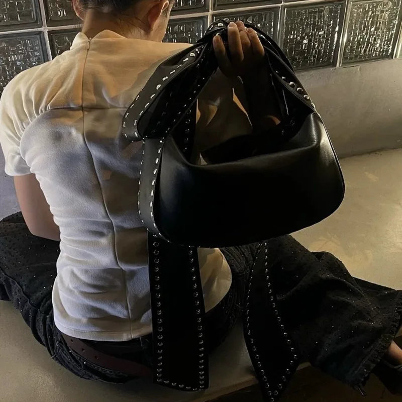 Rivet Black Bow Lace-up Zipper Bag