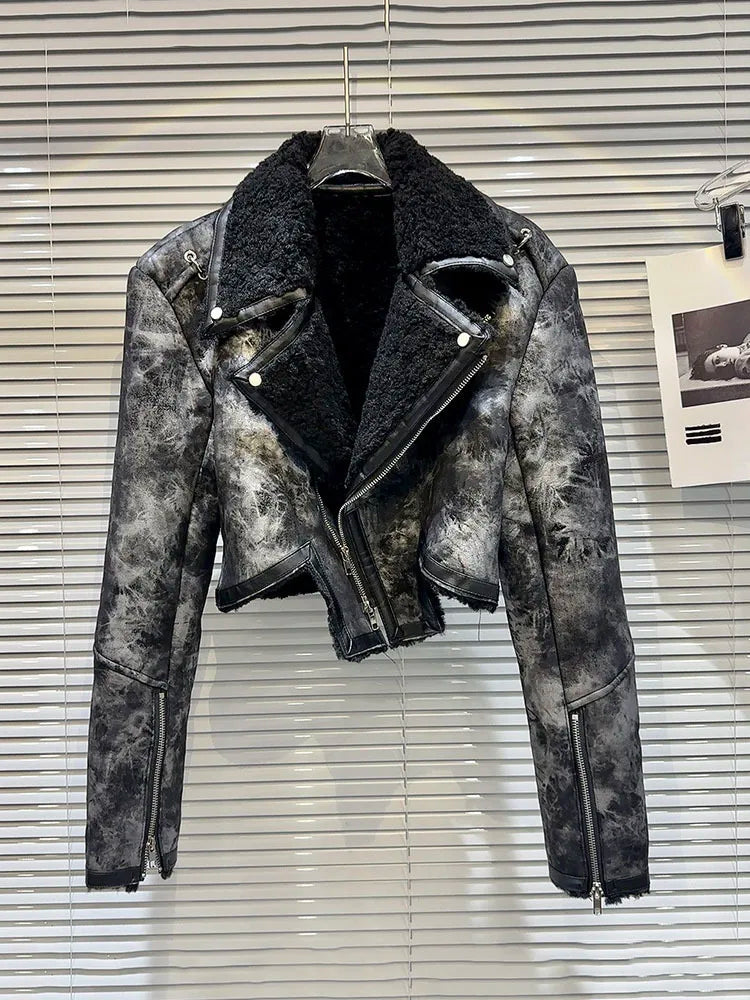 Tie Dye Fur Turn down Collar PU Leather Coat