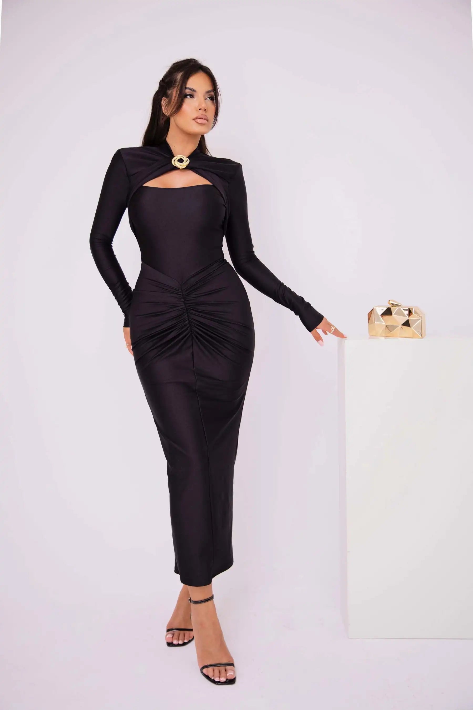 Long Sleeved Pleated Hollowed Out Maxi Dress