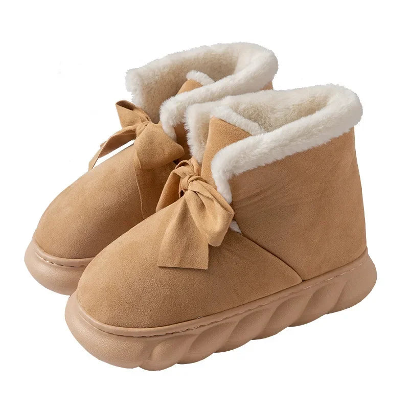 Womens Snow Boots Faux Suede Ribbons Bow Ankle Boots