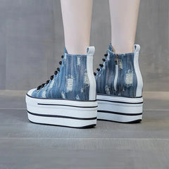 Denim and Leather Platform Wedge Heels Ankle Boots