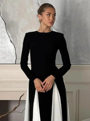 Pleated Patchwork Long Sleeve  Maxi Dress