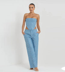 Sequins Strapless Short Skirt Denim Pants and Corset Set