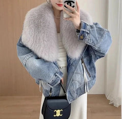 Denim Blue Fur Collar Cotton-Padded Jacket