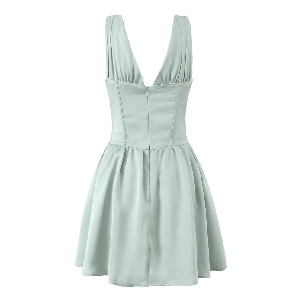 Stain Pleated Ruched Strap Bow Folds Hem Mini Dress