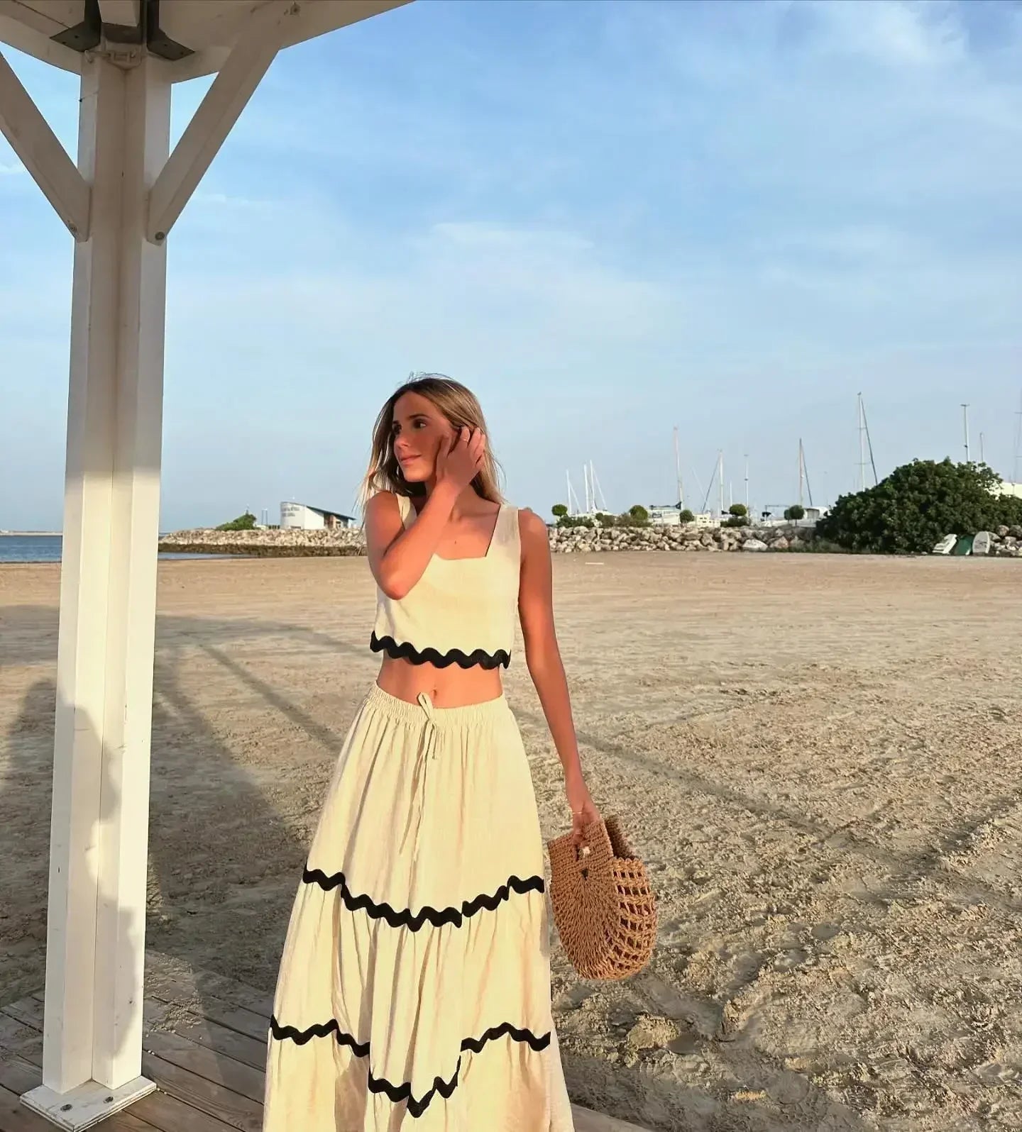 White and Black Stripe Crop Top Long Skirt Suit