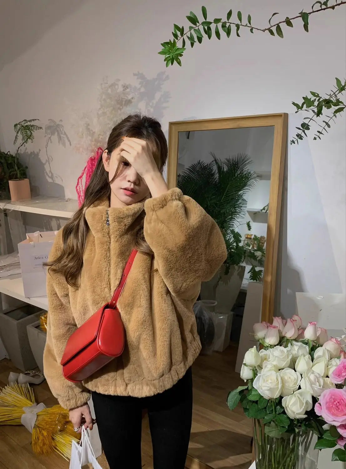 Faux Lamb Fur Coat with Zipper
