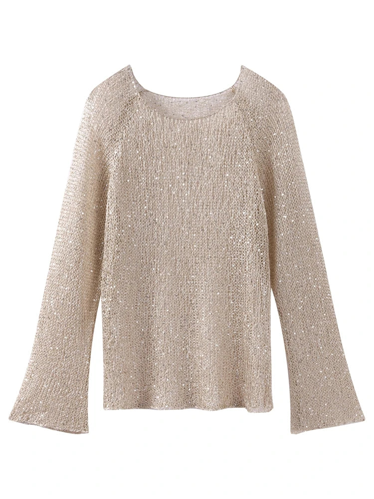 Sequin Knit Sheer Long Sleeve Blouse