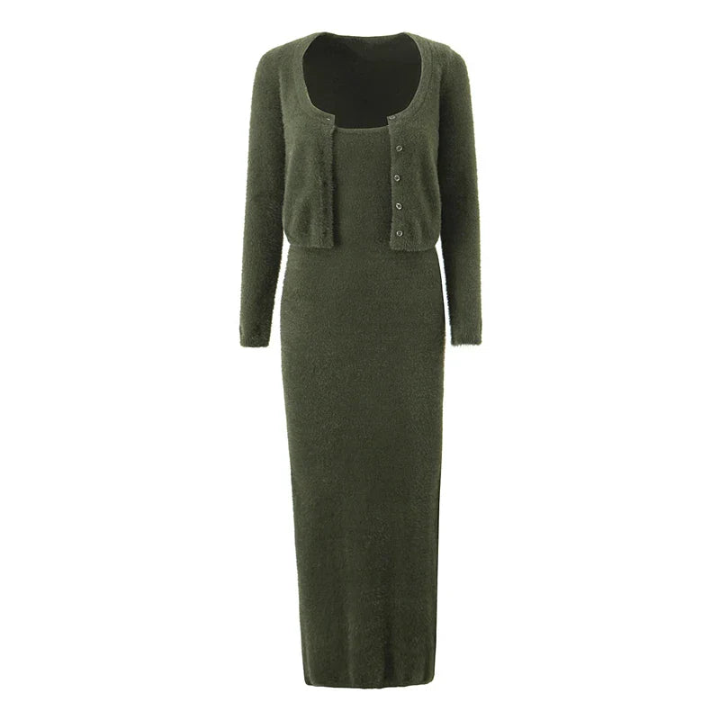 Knitted Cardigan With Camisole Dress Two-piece Set