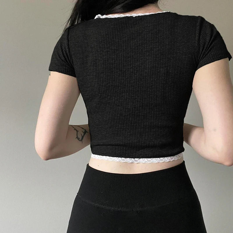 Basic Lace Spliced Buttons Crop Top