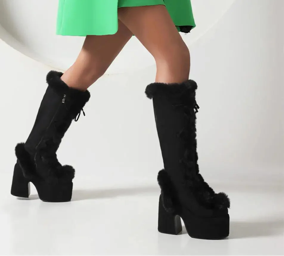 Zip Faux Fur Chunky High Heeled Boots