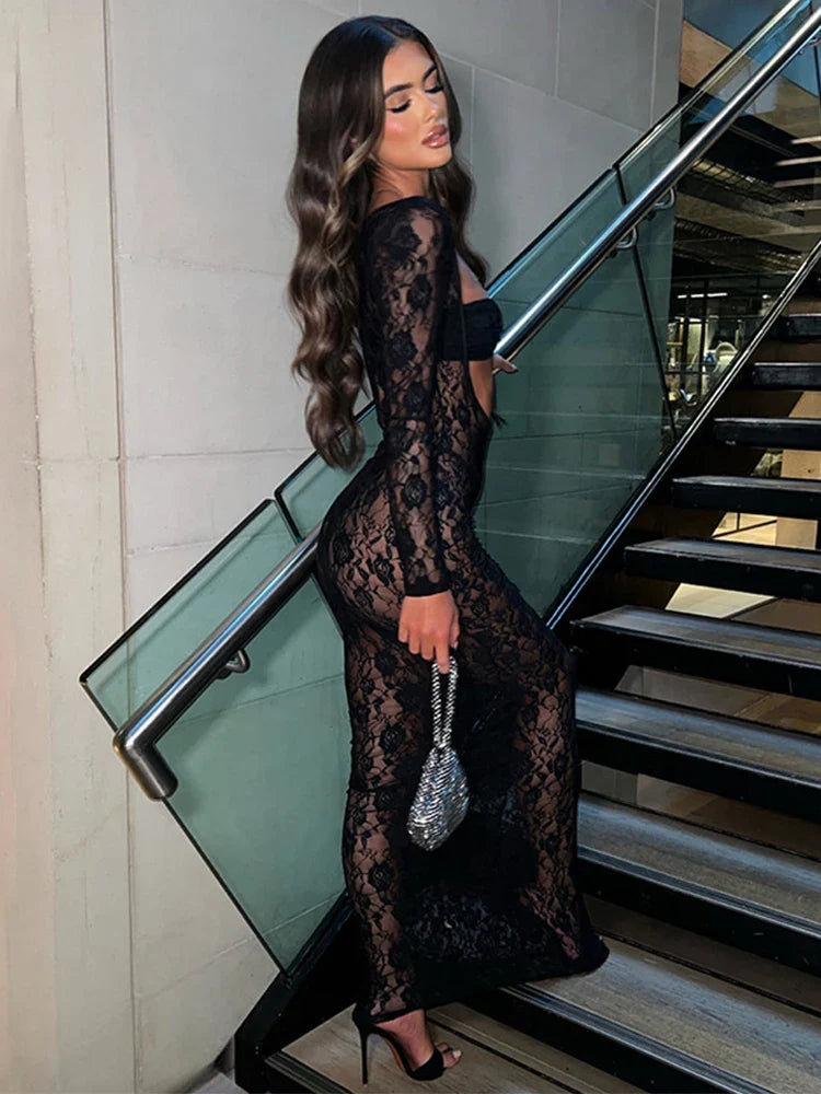 Perspective Lace Hollow Out Bodycon Maxi Dress