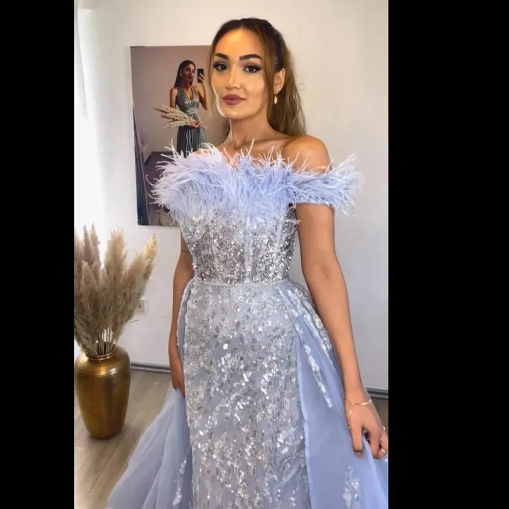Feathers Off-shoulder Side Slit Overskirt Party Dress