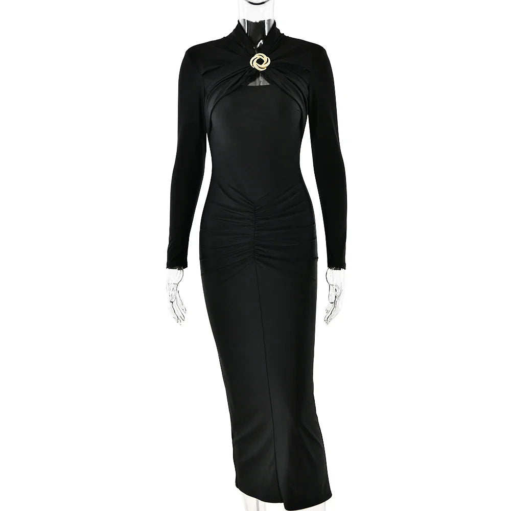 Long Sleeved Pleated Hollowed Out Maxi Dress