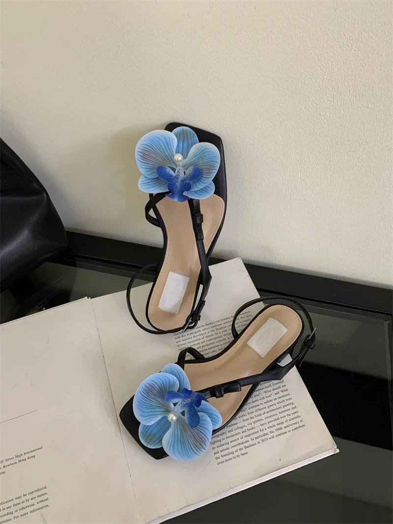 Square Toe Flowers Buckle Strap Shoes