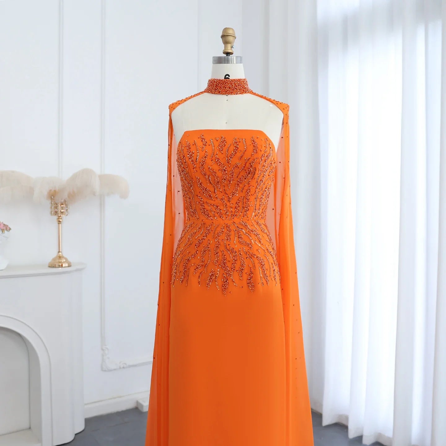 Orange Evening Dress with Cape Sleeves