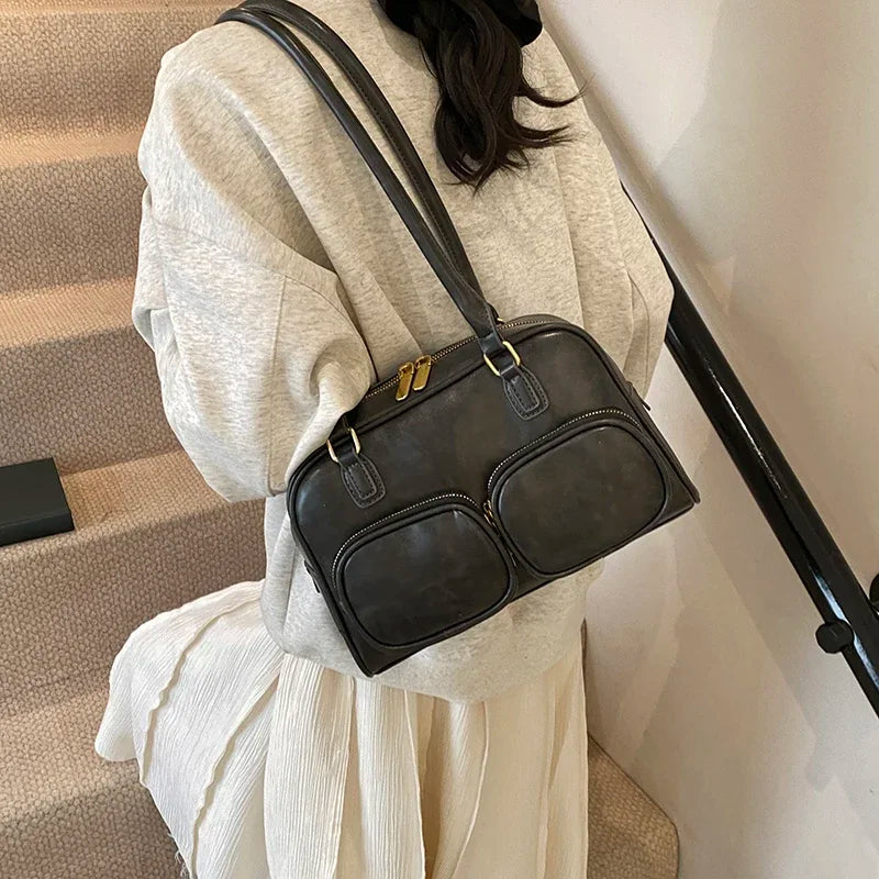 Faux Leather Double Pockets Underarm Bags