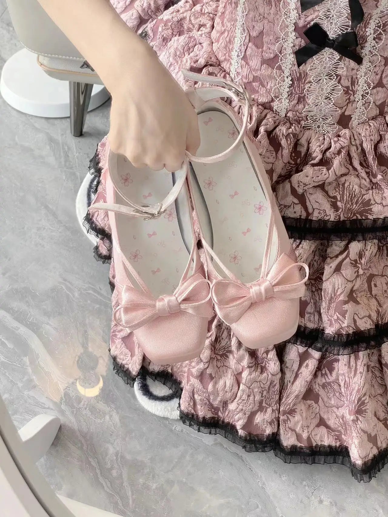 Square Toe Low Heel Satin Mary Jane Shoes