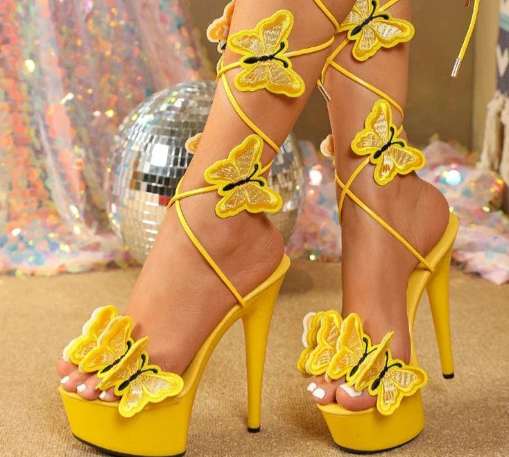 Cross Strap Handmade Embroidery Butterfly Heels