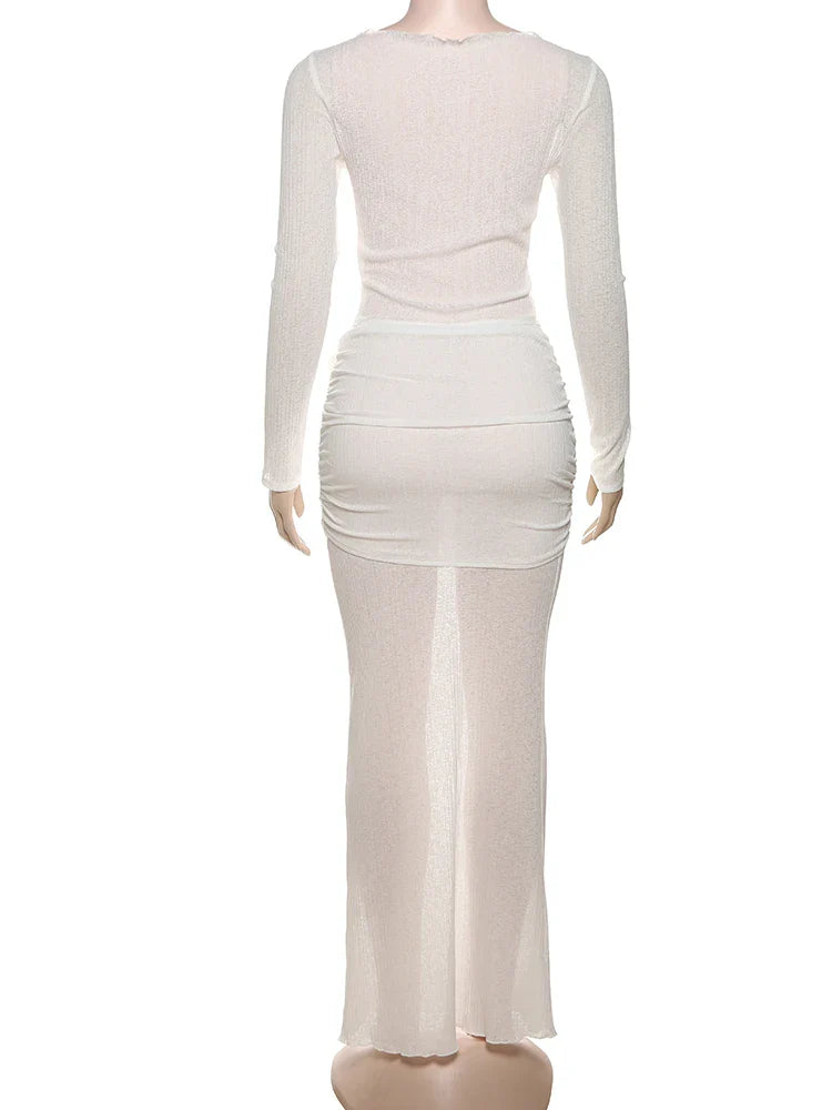 Appliques Sheer Full Sleeves Top and Long Skirt Suit